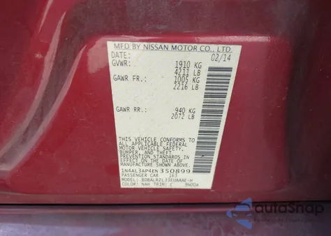 2014 Nissan Altima 2.5 S from USA, damaged, VIN 1N4AL3AP4EN350899